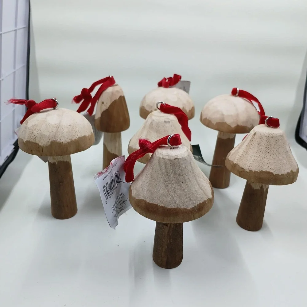 Place & Time Wooden Mushroom Christmas Ornaments Set Of‎ 7 Rustic Decor Holiday